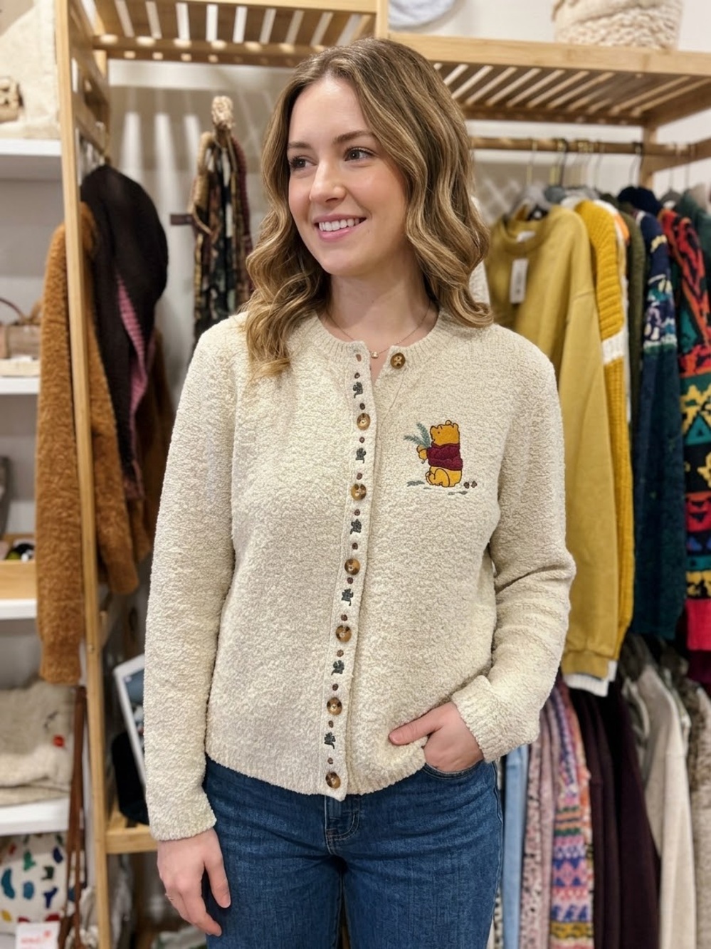 Vintage Disney Beige Knit Winnie the Pooh Embroidered Button Cardigan Large fall